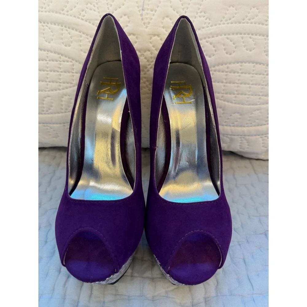 RH Purple Faux Suede Snakeskin Platform Peep Toe Heels Metallic Gold Accent 6.5